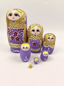 VTG Russian Nesting Dolls Wood Stacking Matryoshka Hand Painted Purple 7 Dolls - Picture 1 of 18