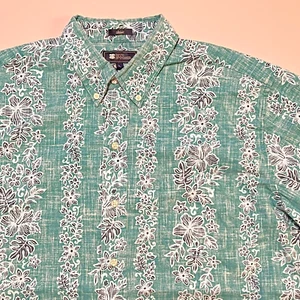Reyn Spooner LARGE Hibiscus Floral Stripe Hawaiian Aloha Shirt Blue Green L - Picture 1 of 6