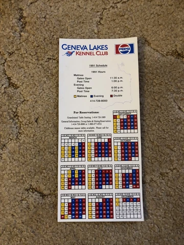 Geneva Lakes Kennel Club Greyhound Dog Racing Magnetic Schedule 1991 Wisconsin Cover
