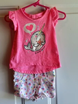 Bebé Niñas 3 6 9 Meses Rosa Narval Camisa y Lunares Denim Pantalones Cortos Conjunto Foto 1 de 4