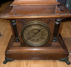 8 Day Mantle Table Clock Lion Footer Glass Brass Number Mechanical W/key Works - Picture 1 of 24