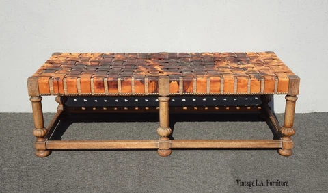 Vintage Heritage French Country Brown Rustic Braided Leather Bench Asis Cover
