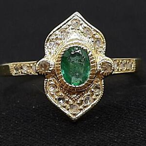 Genuine .45ctw Colombian Emerald & H-SI Diamond 14K Yellow Gold 925 Ring Size 7