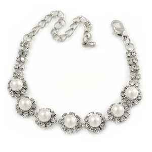 Bridal/ Prom/ Wedding Simulated Pearl Crystal Floral Bracelet In Silver Tone - - Picture 1 of 6