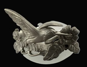 VTG Satin Frosted Candle Holder or Trinket Dish with Pewter Hummingbird &Flower - Picture 1 of 7