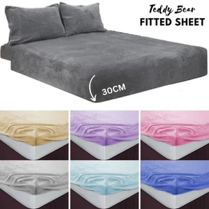 TEDDY BEAR FLEECE FITTED SHEET SHERPA COSY WARM WINTER BEDDING DOUBLE KING SIZE - Picture 1 of 47