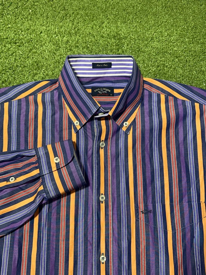 Paul & Shark 游艇衬衫男式 42 长袖蓝色金色 Stipe 意大利制造 — 第 1/4 张图片