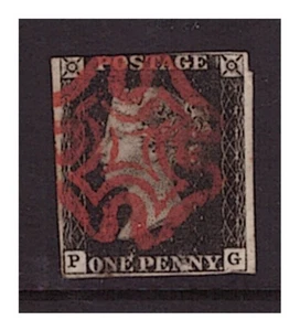 SG2 1d Penny Black plate 8 P-G corner letters. 3 margins, red Maltese cross. - Picture 1 of 2