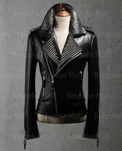 New Woman's Black Silver Spiked Studded Unique Cowhide Biker Leather Jacket-768 - Picture 1 of 3