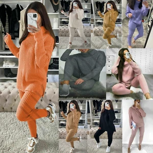 Womens Ladies Chunky Knitted High Roll Neck Top Bottom Lounge Wear Tracksuit Set - Picture 1 of 14
