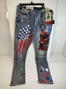 Industrial Indigo Men's Sz 40x34 Distressed American Flag Skull Blue Jeans NWT - Picture 1 of 8