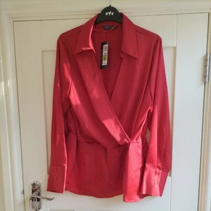 BNWT M&S Ladies Size 22 Red Satin Style Wrap Long Sleeve Blouse Top - Picture 1 of 7