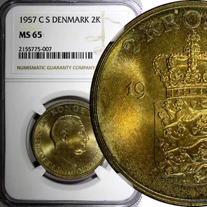 DENMARK Frederik IX Aluminum-Bronze 1957 C S 2 Kroner NGC MS65 Rainbow KM# 838.2 - Picture 1 of 5