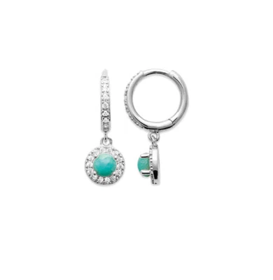 Orecchini A Cerchio In Argento 925/000 Rodio - Amazonite Rotonda Pendente - Immagine 1 di 4