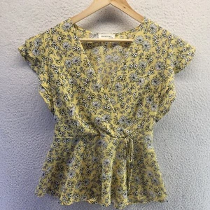 Monteau Los Angeles Tunic Blouse Womens Medium Yellow Floral Ruffle Sleeve Top - Picture 1 of 15