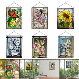 Stained Glass Window Hanging,Stained Glass Panel w/ Chain,Suncatcher Home Decor - Picture 1 of 35