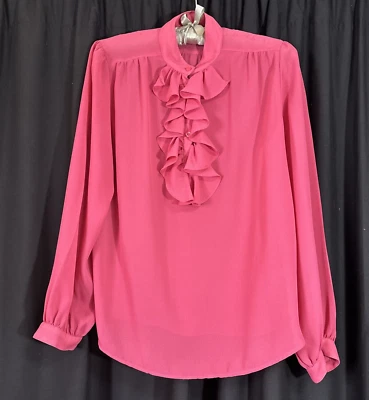 Vintage Nordstrom Town Square 12 Pink Ruffle Front Sexy Secretary Sheer Blouse - Image 1 of 4