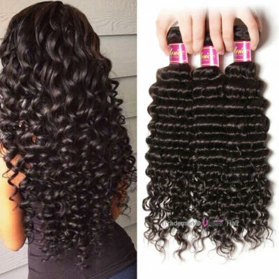 UNice Brazilian Deep Wave Hair Weft 3 Bundles Curly Virgin Human Hair Extensions - Image 1 of 4