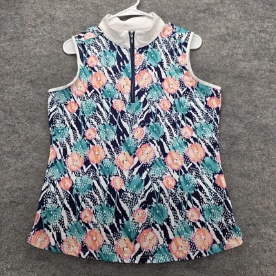 Camisa Polo Pebble Beach Para Mujer Grande Azul Marino Multi Floral Seca Lujo Rendimiento Golf Foto 1 de 4