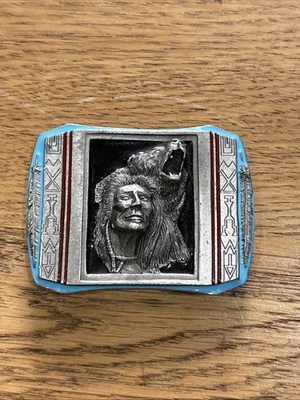 The Guardian' Belt Buckle 1990 BERGAMOT Native American Blue Bear Chief Spirit - Image 1 of 2