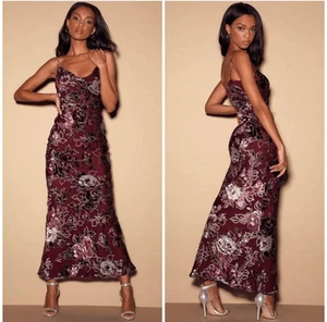 Lulu’s Embrace Me Burgundy Floral Velvet Cowl Neck Maxi Slip Dress Sz M Formal - Picture 1 of 11