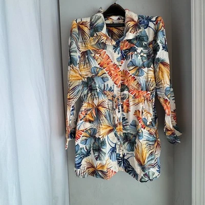 Chico’s Linen Palm Print Duster Jacket – Petite Plus – Tropical Multi-Color 3/4  - Image 1 of 4