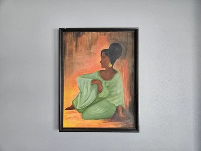 25"×19" Original Oil On Board Of Woman In Green Robe Gold Earnings Vtg - Image 1 of 4