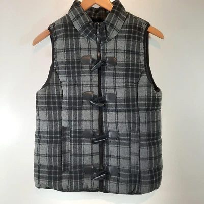 Chaleco acolchado de lana tallado con volantes para mujer pequeño gris negro cuerno a cuadros palanca bolsillos con cremallera Foto 1 de 4