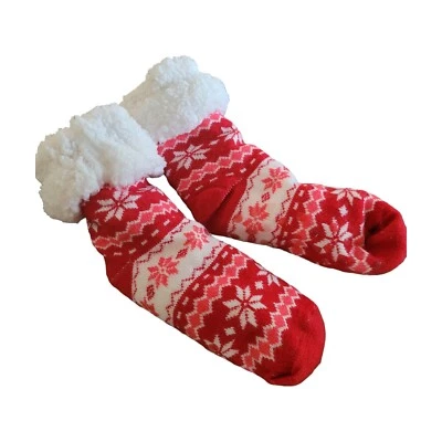 Winter Scene Slipper Socks One Size Red White Anti Slip Sherpa Soft Fluffy   - Image 1 of 4