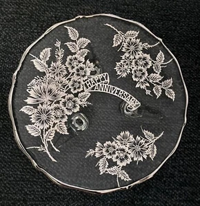 Vintage Happy Anniversary Floral Sterling Silver Overlay Footed Glass Plate Dish - Picture 1 of 6