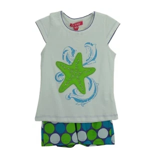 CR Kids Girl 4T Outfit Top Short Starfish Green Blue White Polka Dot Toddler - Picture 1 of 4