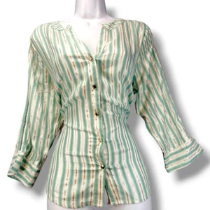 Adrienne Vittadini Metallic Silver & Green Stripe Button Up Blouse Size M Rayon - Picture 1 of 16
