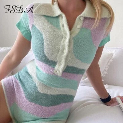 Strick Kurz Ärmel Overall Damen Freizeit Patchwork Strampler Sexy Tragen Für Neu - Bild 1 von 4