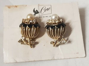 VINTAGE SCHMUCK OHRRINGE signiert Coro gold emailliert schwarz Perle Strass K8 - Bild 1 von 7