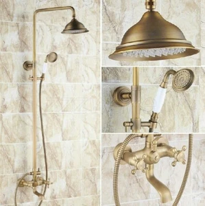 Antique Brass Rain Shower Faucet Set W/ Tub Mixer Tap Dual Cross Handle Zrs124 - Picture 1 of 6