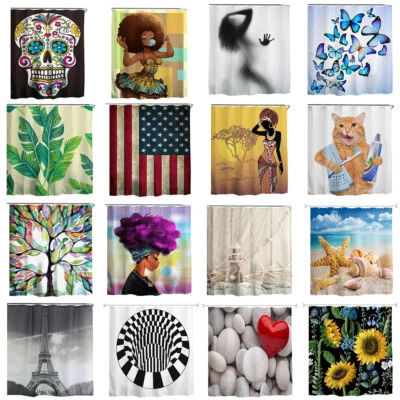 Stylish Printed Bathroom Shower Curtain Set Waterproof Polyester Fabric w/Hooks  - Image 1 of 4