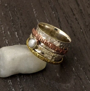 Pearl Multi Band Silver Spinner Ring Fidget Ring Worry Ring Handmade Ring - Picture 1 of 3