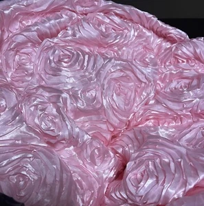 4 Yards Pink 3D Rosette Embroidery Satin Fabric 58” Width Polyester Durable - Picture 1 of 7