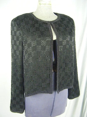 MARK & JOHN BY GOPAL Vtg Heavy Beaded Black Silk Jacket-Bust 38, SZ S - Image 1 of 4