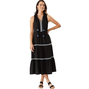 TOMMY BAHAMA Cover-Up Dress Small Black Cotton Clip Embellished Split-Neck NWT - Picture 1 of 8