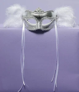 Adult Silver Mardi Gras Masquerade Venetian Costume Mask w/ feather - Picture 1 of 1