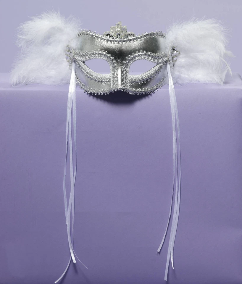 Adult Silver Mardi Gras Masquerade Venetian Costume Mask w/ feather  - Image 1 of 1