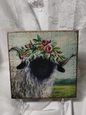 Primitives by Kathy SPRING SHEEP FLORAL WOOD BLOCK SIGN PLAQUE wall wreath NEW - Image 1 of 2