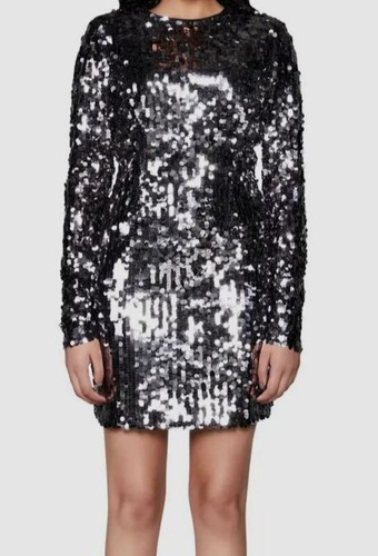 VALENTINO Mini abito da donna Bardot argento Valentina paillettes manica lunga $159 taglia M