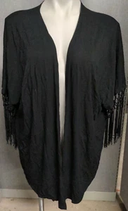 Lane Bryant Cardigan Womens 14/16 Black Crochet Fringe Open Front Short Sleeve - Picture 1 of 7