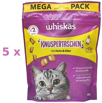 5 x 180 g Whiskas Knuspertaschen (€ 32,17/kg) mit Huhn & Käse - Katzen Snack - Bild 1 von 2