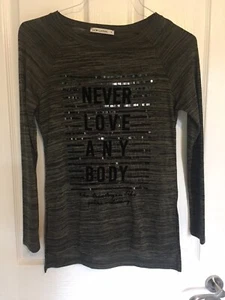 Olive Long Sleeve Slogan Top Size S Sequin T Shirt Never Love Khaki - Picture 1 of 8