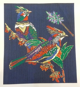 Thai Art Silk Printing Animal Poster Print Colorful 2 Birds Asian Home Decor - Picture 1 of 4