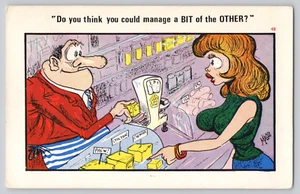 POSTCARD  Humor  Beautiful Woman, Man with Scale, Cheese Manage A Bit - Picture 1 of 3