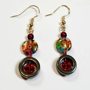 Millefiori Floral Colorful Handmade Beaded Drop Earrings - Picture 1 of 4